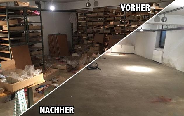 Vorher/ Nachher Bild eines Lagers Nach Entrümpelung vorher nachher Bild im Besenreinen Zustand